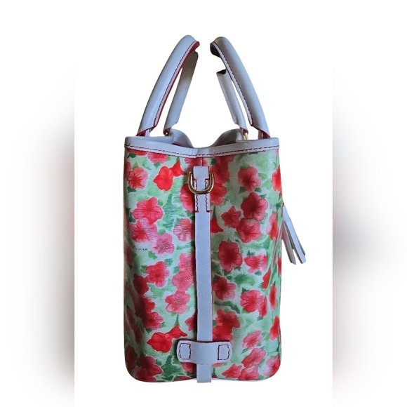 Dooney & Bourke Red and White Floral Drawstring Bucket Bag - Picture 2 of 16